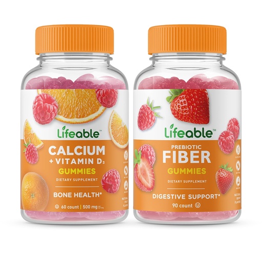 [BRSRMYAYAAIBSCA2] Lifeable Calcium with Vitamin D + Prebiotic Fiber 5g, Gummies Bundle - Great Tasting, Vitamin Supplement, Gluten Free, GMO Free, Chewable