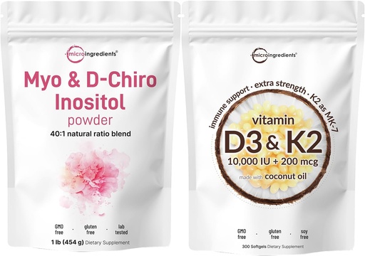 [BRSRAAQRDMIQIAD2] Micro Ingredients Vitamin D3 10,000iu + K2 200mcg Coconut Oil Softgels & Myo & D-Chiro Inositol Powder Bundle 2 Pack | Essential Sunshine Vitamins | Inositol Supplement for Women