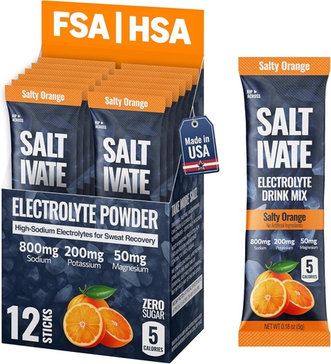 [BRSRAGA5AUCBYGT2] Salty Orange Electrolytes Packets | 800mg Sodium, Potassium & Magnesium Hydration | Stevia-Sweetened & Sugar Free Electrolyte Powder | for Sweat Revocery, Fasting, POTS | Makes 32 Fl Oz (Pack of 12)