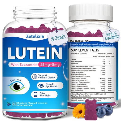 [BRSRAHA5OIHGYDT5] 2 Pack Lutein Gummies, 12 in 1 Lutein and Zeaxanthin Supplements Eye Vitamins Gummies for Adults, Eye Health Supplement with Multiple Vitamin for Promoting Eye & Vision - 120 Gummies