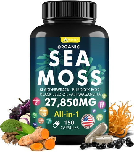 [BRSRA2Y7CAGRM2T5] Sea Moss Capsules Complex with Black Seed Oil,Aşhwagandha,Burdock Root,Bladderwrack Ginger Vitamins Multimineral Supplement - Irish Wild Seamoss Pills Advanced Blend for Men&Women (150 Capsules)