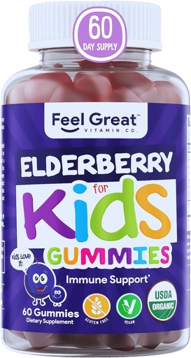 [BRSW2EIFB54GAHTK] USDA Organic Elderberry Gummies for barn | Immun støtte eldrebær med sink og vitamin C - Glutenfri & Vegan Barn vitaminer - 60 greve | Sambucus Nigra Supplement