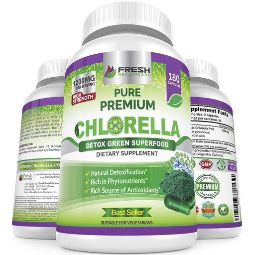 [BRSWKG32PICQM2LK] FRESH HEALTHCARE Premium Chlorella Supplement, 1200mg Pure Vegan Powder Capsules, 180 Chlorophyll and CFG Pills, Natural Detox Superfood, Naturally Contains B Vitamins and Minerals