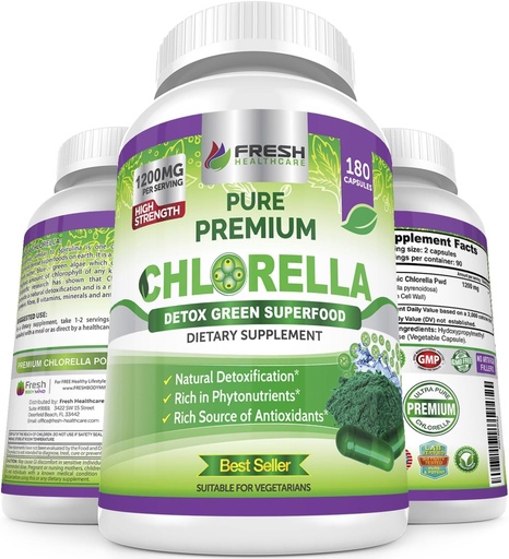 [BRSWKG32PICQM2LK] FRESH HEALTHCARE Premium Chlorella gehigarria, 1200mg Pure Vegan Powder kapsulak, 180 klorofilo eta CFG pilulak, Detox Superfood naturala, noski B bitaminak eta mineralak ditu.