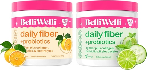 [BRSRABQZDNYR63I6] Daily Fiber Supplement Bundle with Added Collagen, Probiotics & Electrolytes - Cucumber Lime Mint & Orange Yuzu Mandarin Flavors - Supports Digestive Health, Debloating & Hydration - 32 Servings Total