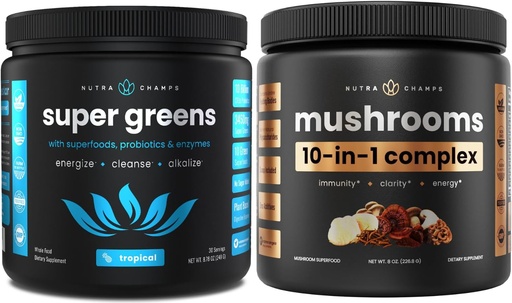 [BRSRAEA6BYBB6C3X] NutraChamps Super Greens Tropical & Super Mushrooms: Ultimate Brain, Gut & Body Boost