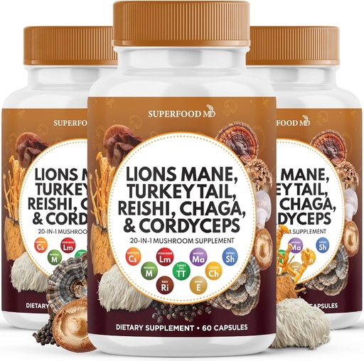 [BRSRAFITB4MQY2Q2] Lions Mane Mushroom Supplement with Turkey Tail Reishi Cordyceps Chaga with Marshmallow Root - 180 Count