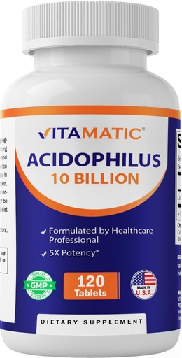 [BRSROBQYOQAWC2DL] Vitamatic Acidophilus Probiotic - 10 Billion CFU - 5X Potency - Daily Probiotic Supplement, Supports Digestive Health - 120 Tablets