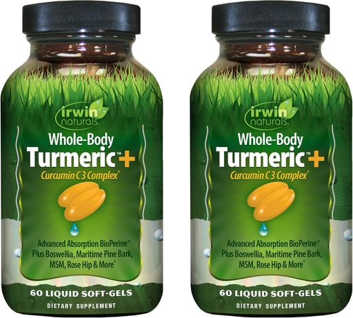 [BRSRMYL2AUAQKC3G] Irwin Naturals Hele kroppen Turmeric + Curcumin C3 Complex - 60 flytende Soft-Gels, Pakke med 2 - Støtter Hel-Body Wellness - 60 Total Services