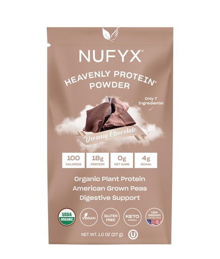 [BRSROBI2PMIBMALF] NUFYX® Family Owned Protein Powder, Organic Plant-Based, Made with 100% USA Grown Peas, 18g Protein for 100 Calories, Only 7 Ingredients, Digestive Support (Dreamy Chocolate, Packet)