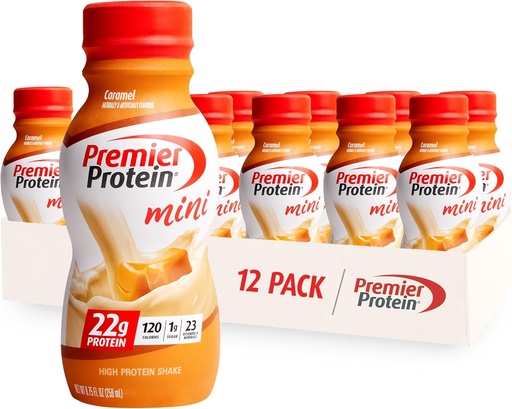 [BRSROGIKOYHRQYLG] Premier Proteine Shake MINI, Caramel, 22g Proteine, 120 Calorii, 1g Zahăr, 8.75fl oz, Pachet de 12