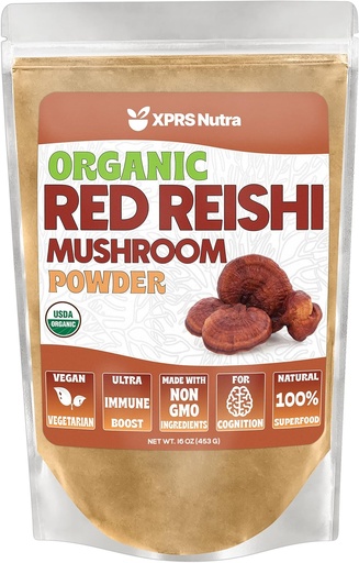 [BRSW2ADQOQFGMHLP] XPRS Nutra Organic Red Reishi Mushroom Powder - Premium Reishi Powder for Cognition - Vegan Reishi Mushrooms for Longevity and Energy (16 Ounce)