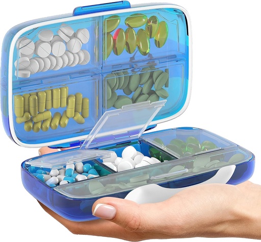 [BRSROHYEAQJWEGTO] Blue and Rose Airtight Pill Organizer Pill Box Large Pill Dispenser Home Travel Supplement Holder Portable Vitamin Sorter Jumbo Size 8 Compartment Vitamin Container Daily Medicine Travel Essentials