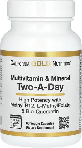 [BRSW2A34BAMWKGQ2] California Gold Nutrition Multivitamin and Mineral with Methyl B12, Vitamin C, L-MethylFolate and Bio-Quercetin, Two-A-Day, 60 Veggie Capsules