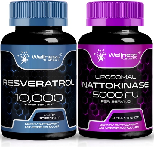 [BRSRAAYFAAGWECL5] WELLNESS LABSRX Resveratrol Capsules 10000mg - Nattokinase Supplement Capsules - 5000 FU