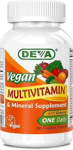 [BRSWIFYMAYCA4FLY] Deva Vegan Multivitamin and Mineral supplement - once-Per-Day Formula with Greens - Vitamins A, C, D, E, B Complex, High-Potency Formulation for Daily Health and Wellness- 90 Coated Tablets, 1-Pack