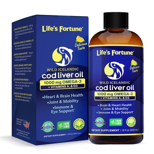 [BRSW2BDYBYFR63LD] Life's Fortune Cod Liver Oil Liquid Organic Lemon Flavor (8 Oz) 1,000 mg Omega + Vitamin A, E & D3 - Supports Immune Health - 100% Fish Oil Supplement from Wild Ocean Cod-GMO Free