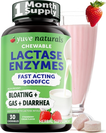 [BRSRA2QDCEFBG2T5] Yuve Natural Fast Acting Dairy Relief Delicious Chewables - Lactase Enzyme 9000 FCC - Say Goodbye to Dairy Discomfort from Lactose Intolerance - Strawberry Cream Flavor - 30ct