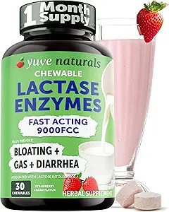 [BRSRA2QDCEFBG2T5] Yuve Natural Fast Acting Dairy Relief Delicious Chewables - Lactase Enzyme 9000 FCC - Say Goodbye to Dairy Discomfort from Lactose Intolerance - Strawberry Cream Flavor - 30ct