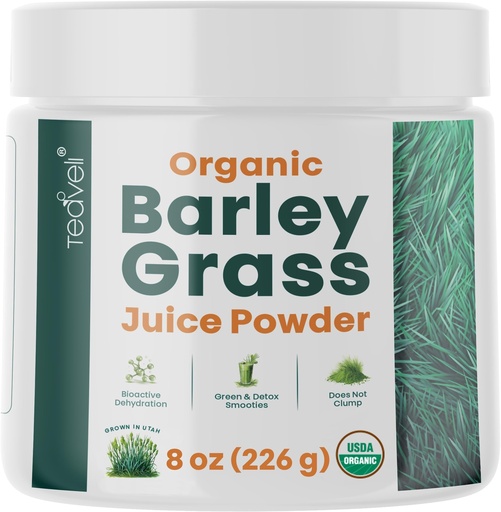 [BRSWGFD3BUIA43T2] Teaveli Organic Barley Grass Juice Powder– Raw, Utah Grown Barley Grass Juice Extract for Detox- Complements Wheatgrass Juice- Made in USA Without Gluten, Additives or Preservatives- 8 oz (226 Grams)