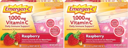 [BRSRAY3ROB5A4236] Emergen-C (30 Count, Raspberry Flavor, 1 Month Supply Dietary Supplement Fizzy Drink Mix with 1000mg Vitamin C, 0.32 Ounce Packets, Caffeine Free (Pack of 2)