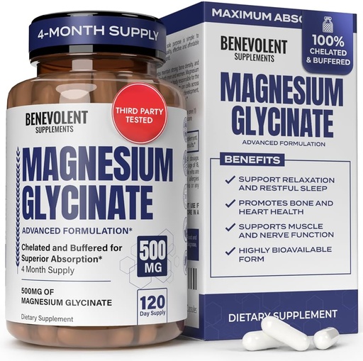 [BRSROC3YO4FWMYD2] Magnesium Glycinate 500mg - Chelated & Buffered High Absorption Magnesium Supplement to Support Stress Relief, Digestion, Bone, Sleep, Nerves & Muscle Health - Made in USA - 120 Vegan Capsules
