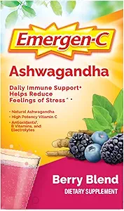 [BRSW2BDROR5QMA34] Emergen-C Vitamin C Ashwagandha Drink Mix, Dietary Supplement for Immune Support, Berry Blend, Back to School Essentials - 18 Count