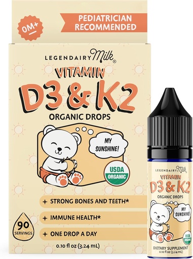 [BRSRAFT6DEGWY3L7] Legendairy Milk Organic Baby Vitamin D3 K2 maye Drops, 400 İdmanlar üçün Baby Vitamin D Drops - Yeni doğmalar üçün Vitamin D, Toddlers və Uşaqlar - Vegan, 90 Xidmət