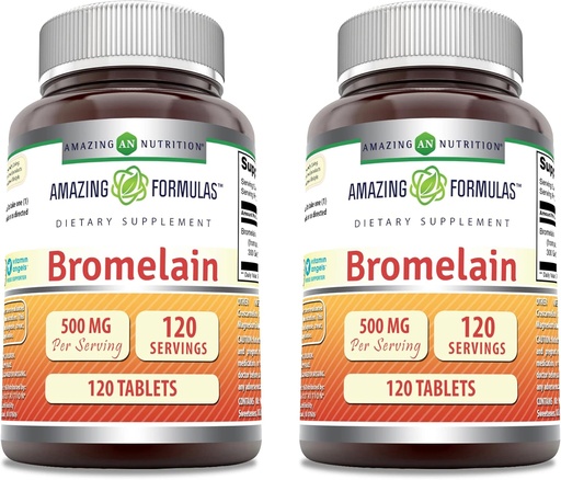 [BRSRMCAYBAJQ43TV] Amazing Formulas Bromelain 500 Mg Tablets Supplement | Non-GMO | Gluten Free | Made in USA (120 Count | 2 Pack)