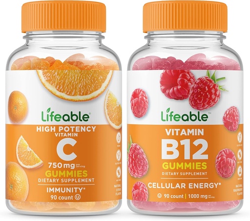 [BRSW2HQ6CUDROCL6] Lifeable Vitamin C 750mg + Vitamin B12, Gummies Bundle - Great Tasting, Vitamin Supplement, Gluten Free, GMO Free, Chewable Gummy