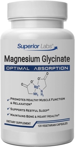 [BRSWYCQTDJ5BUFDK] Superior Labs Magnesium Glycinate 1250 mg, High-Absorption, Pure Non-GMO, Supports Quality Sleep, Eases Muscle Cramps, Bone & Heart Health,120 Veg Caps