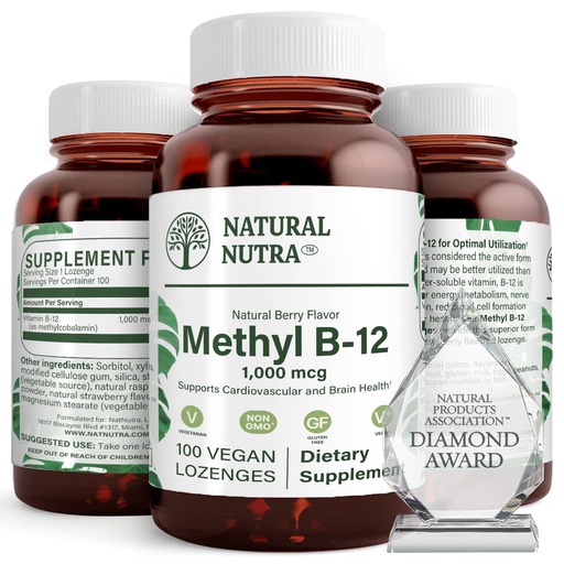 [BRSWIBQADJ7GAYLM] Natural Nutra Vegan Methyl B12 1000mcg, Heart Health and Energy Booster Supplement, Gluten Free, Support Energy Transformation, Enhance Immune Response, Help Brain Function, 100 Vegan Lozenges