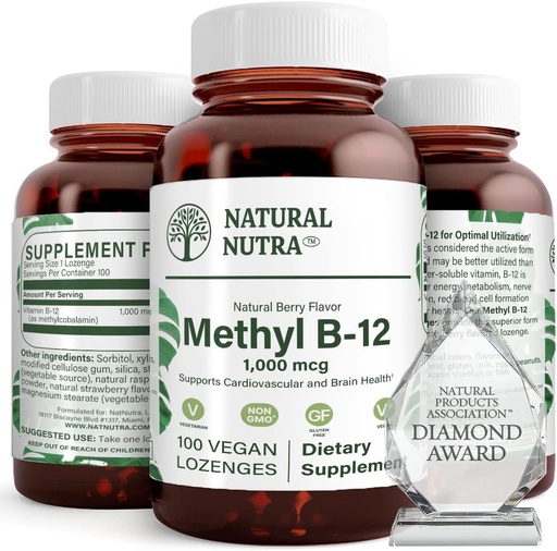 [BRSWIBQADJ7GAYLM] Natural Nutra Vegan Metil B12 1000mcg, Heart Health and Energy Booster Suplemento, Gluten Free, Support Energy Transformation, Enhance Immune Response, Help Brain Function, 100 Vegan Lozenges