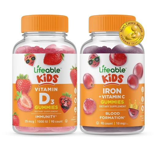[BRSW2H33BFYWCC3D] Lifeable Vitamin D Kids + Iron & Vitamin C Kids, Gummies Bundle - Great Tasting, Vitamin Supplement, Gluten Free, GMO Free, Chewable Gummy