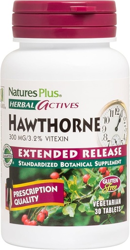 [BRSWIYT3PMDRK3DA] Natures Plus Herbal Actives Hawthorne - 300mg, 3,2 % Vitexine, 30 comprimés végétaliens - 30 portions