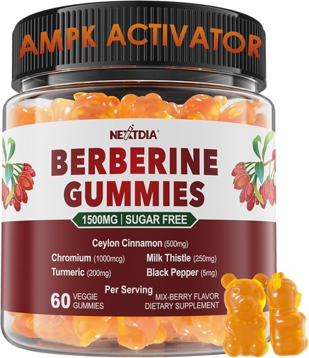 [BRSROEI7AUPGOETD] Berberine Gummies 1500mg Suikervrij, Biologische Berberine Supplement w/Ceylon Cinnamon, Chroom, Kurkuma, Melkdistel voor Metabolisme Balanced, Berberine HCl uit Indian Barberry Extract, Vegan 60 Ct