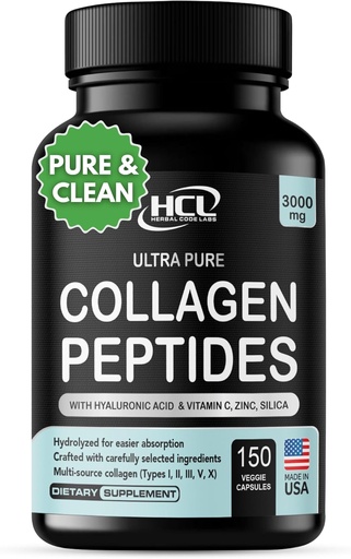 [BRSWYHY7CUBAIDTK] HCL HERBAL CODE LABS Collagen Peptides Polvo con vitamina C & ácido hialurónico - Fuentes más limpias Super alta absorción - Multi hidrolizado Tipo I, II, III, V, X - Suplemento de pelo de piel (Capsules)