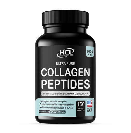 [BRSWYHY7CUBAIDTK] HCL HERBAL CODE LABS Collagen Peptides Powder with Vitamin C & Hyaluronic Acid - Cleanest Sources & Super High Absorption - Hydrolyzed Multi Type I, II, III, V, X - Skin Hair Supplement (Capsules)