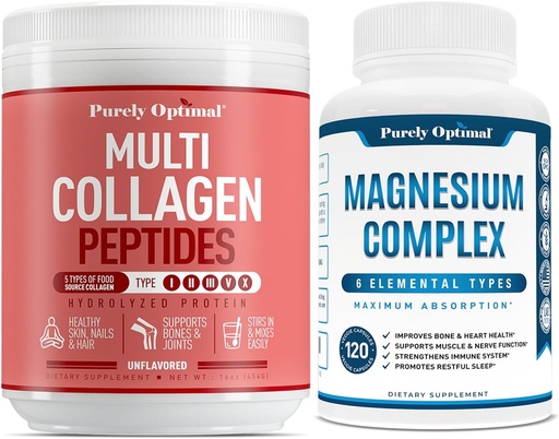 [BRSROBT5CMBQK3DZ] Purely Optimal Premium Multi Collagen Powder + Premium Magnesium Complex - Magnesium Citrate, Malate, Muscle Relaxation - 120 caps