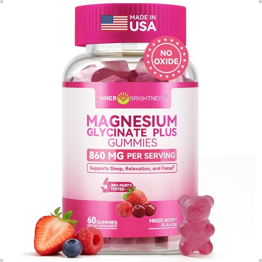 [BRSRAGI5OAMQYC35] Magnesium Glycinate Plus Gummies 860mg, Sugar-Free, Non-GMO, Gluten-Free, Magnesium Gummies for Adults & Kids, Sleep, Relaxation & Focus, Magnesium Supplement for Women, Mixed Berry Flavor, 60 Count