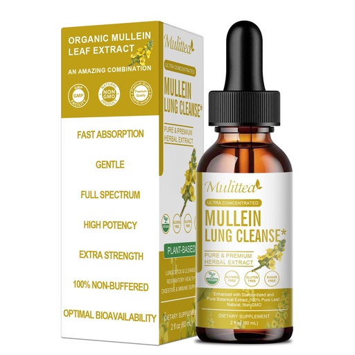 [BRSRAAT5BUIA2AIV] Mulittea Mullein Drops for Lungs & Lymphatic Drainage-5-in-1 Herbal Extract Liquid with Marshmallow Root, Elderberry, Licorice Root-Lung Cleanse & Respiratory Support-Non-GMO, Vegetarian-2 Fl Oz