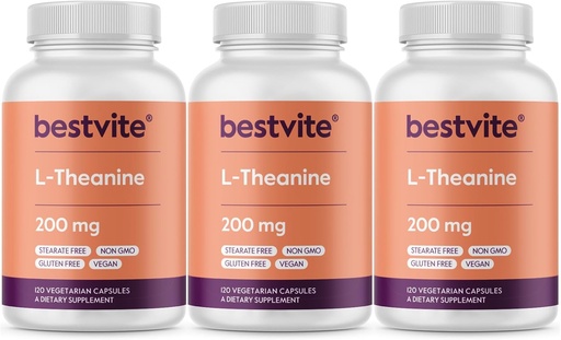 [BRSWYFQFOR6Q2HI6] BESTVITE L- Theanine 200mg (360 Вегетариански капсули) (120 x 3) - No Stearates - Vegen - Non Gluten Free
