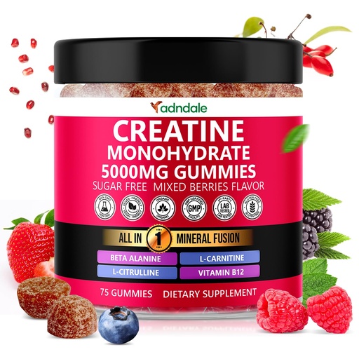 [BRSRAEIDOQIG23Y2] Adndale Creatine Gummies for Women & Men, 5000mg per Serving Creatine Monohydrate Supplement with Beta-Alanine, L-Citrulline & B12-75 Vegan Gummies. Sugar-Free