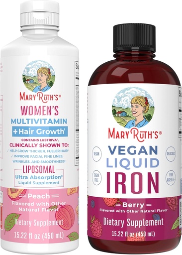 [BRSRACT3BZ6GKDTD] MaryRuth's Women's Multivitamin + crescimento do cabelo lipossomal (peach) & ferro líquido (Berry)