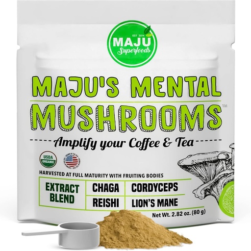 [BRSWGYI7DECWOADD] MAJU's Mental Mushroom Powder Extract, Strong Lions Mane, Chaga, Reishi, Cordyceps, Fruchtkörper für Kaffee, Immunsystem Booster, Nootropic Brain Supplement, Speicher, Organische Pilze