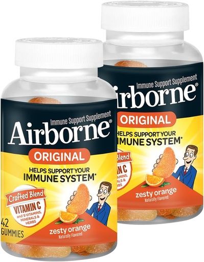 [BRSWKHQQDMARSCT2] Airborne 750 mg Vitamin C Immune Support Supplement Gummies for Yetişkinler, Zesty Orange Flavor, Gluten Free Crafted Mix with Powerful Antioksis C & E, 42 Gummies (2 Pack)