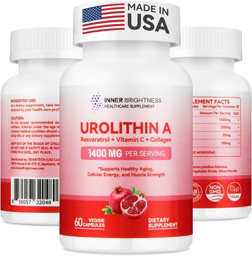 [BRSRAH3RBYDW2GQU] Urolithin A Supplement 1400 MG - Non-GMO, Gluten-Free, Anti-Aging, Cellular Renewal, Muscle Strength, Endurance & Longevity Support, Liposomal Urolithin A, 60 Count