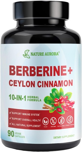 [BRSRAYIBBABROFDV] Berberine Supplement with Ceylon Cinnamon & Chromium Picolinate, 10-in-1 Berberine 1000mg Per Serving, Berberine 5X for Metabolism, Heart and Immune Support (90 Capsules)