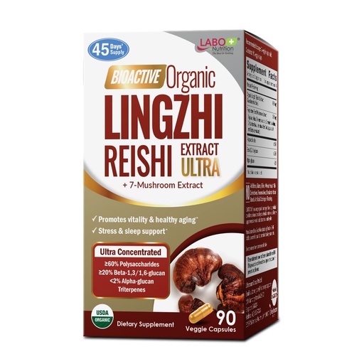[BRSW2EITOEHAKCY2] LABO Nutrition Bioactive Organic Lingzhi Reishi Ultra 7 Mushroom Extract Supplement Reishi Cordyceps Maitake Turkey Tail Agaricus blazei Murill Shiitake for Immune Support, Vitality, USDA Organic