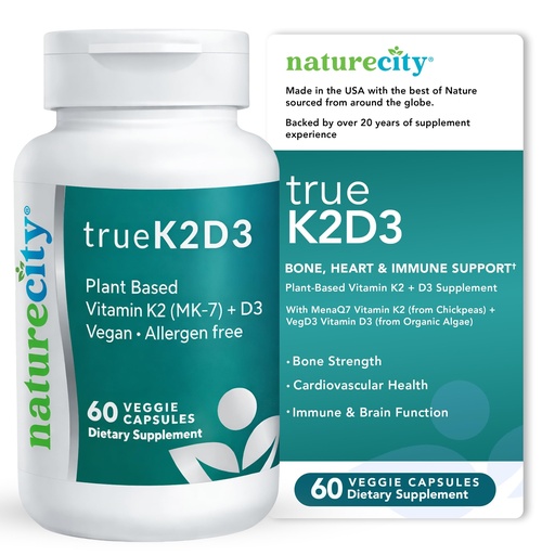 [BRSRMYDYDF4AA3DJ] NatureCity TrueK2D3 Plant Based Vitamin K2 MK7 (90 mcg) & D3 from Algae(2,500 IU) 2 in 1 Vitamin D3 K2 Supplement for Bone, Heart and Immune Health – 60 Veggie Capsules